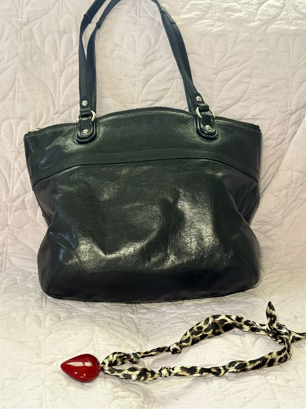 COACH Black Leather Shoulder Bag with Teal and Cream Tags